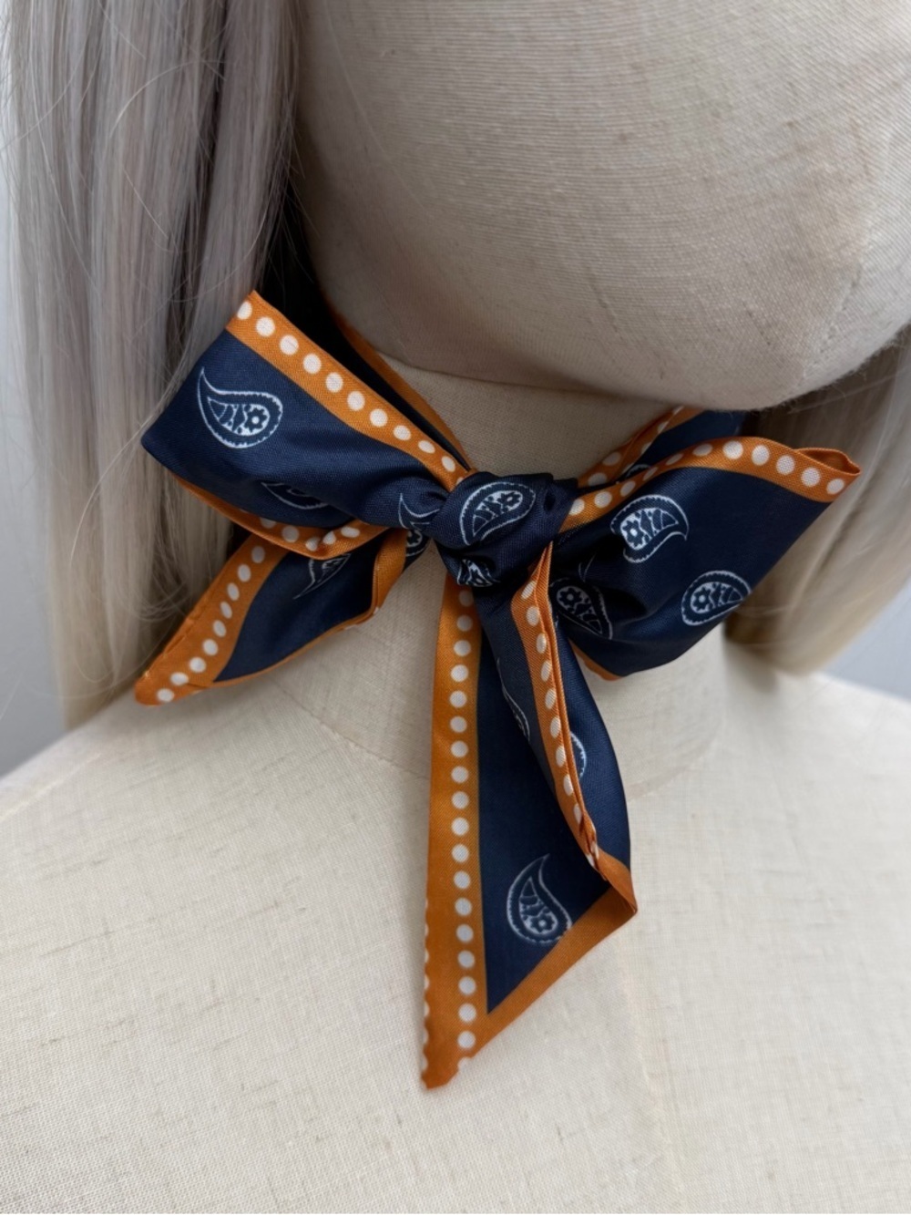 Navy Blue Paisley Skinny Scarf Orange Trim Hair Tie Twilly Neck Scarf - Picture 5 of 6